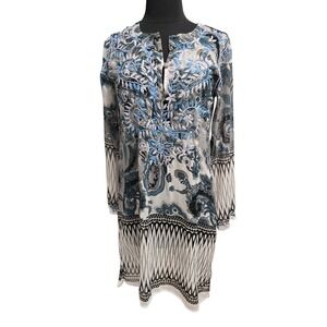 Raj 100% Silk Tunic Embroidered Paisley Dress Blue White Top Swim coverup Boho